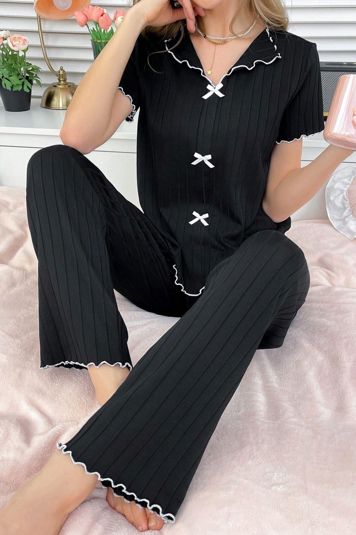 Kısa Kollu Pamuklu Pijama Takımı Siyah