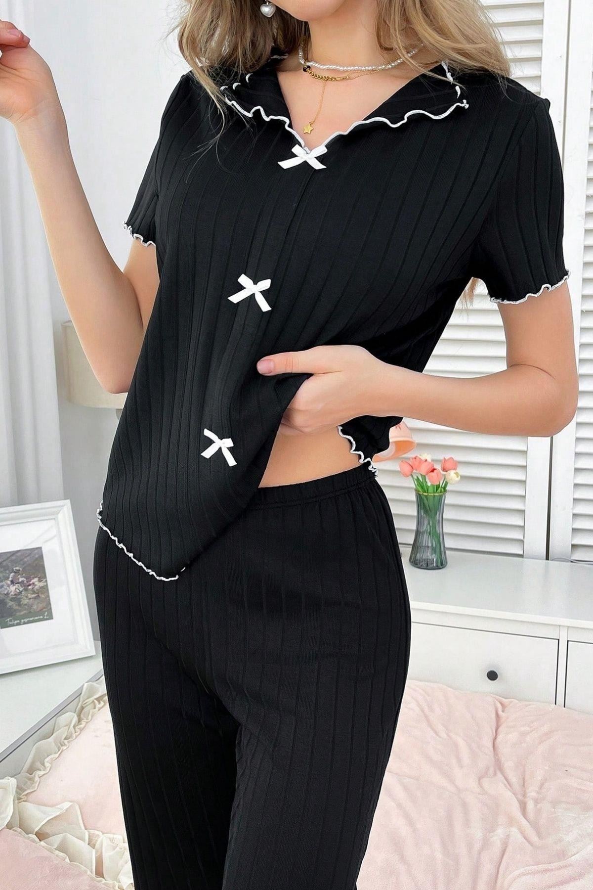 Kısa Kollu Pamuklu Pijama Takımı Siyah