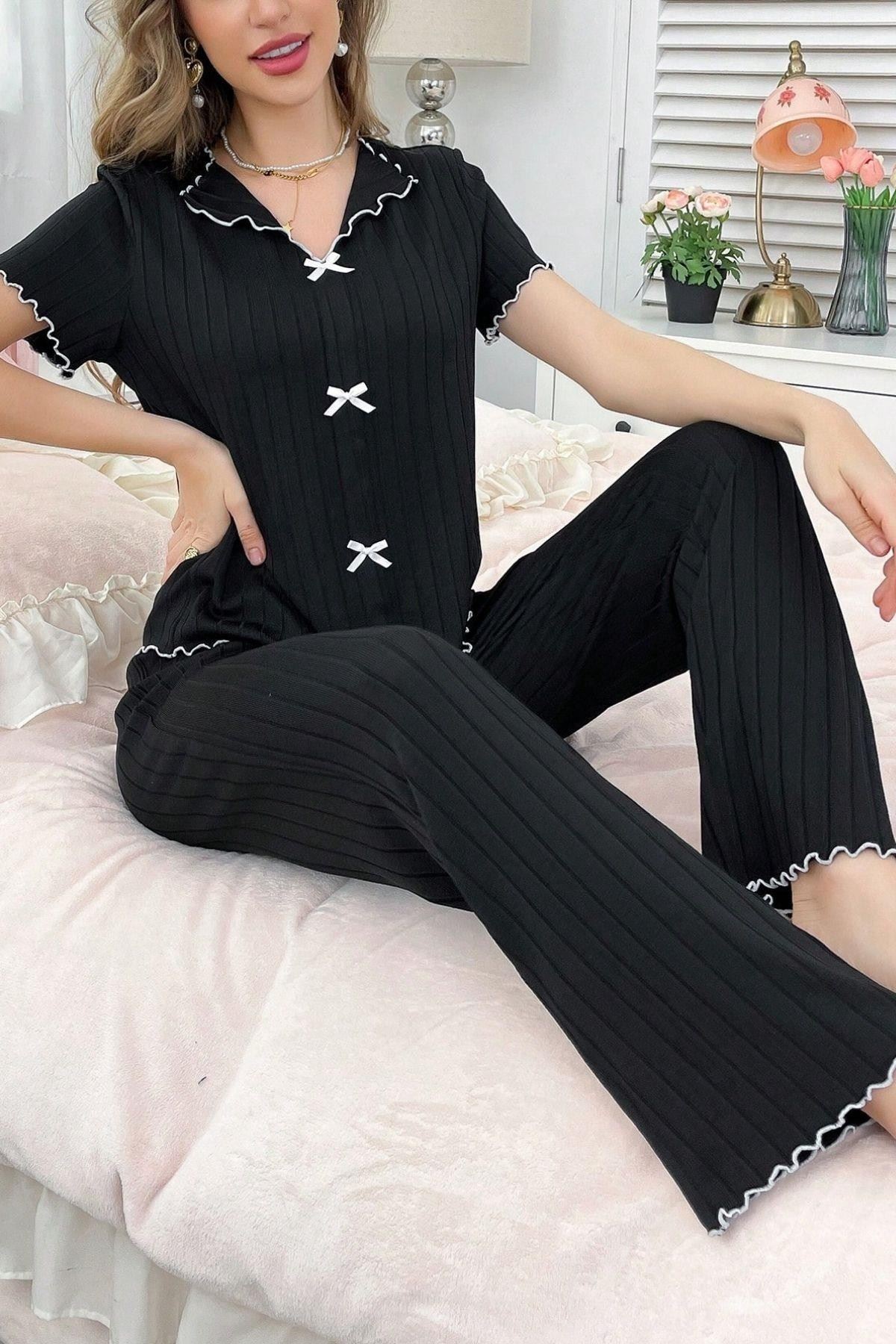 Kısa Kollu Pamuklu Pijama Takımı Siyah