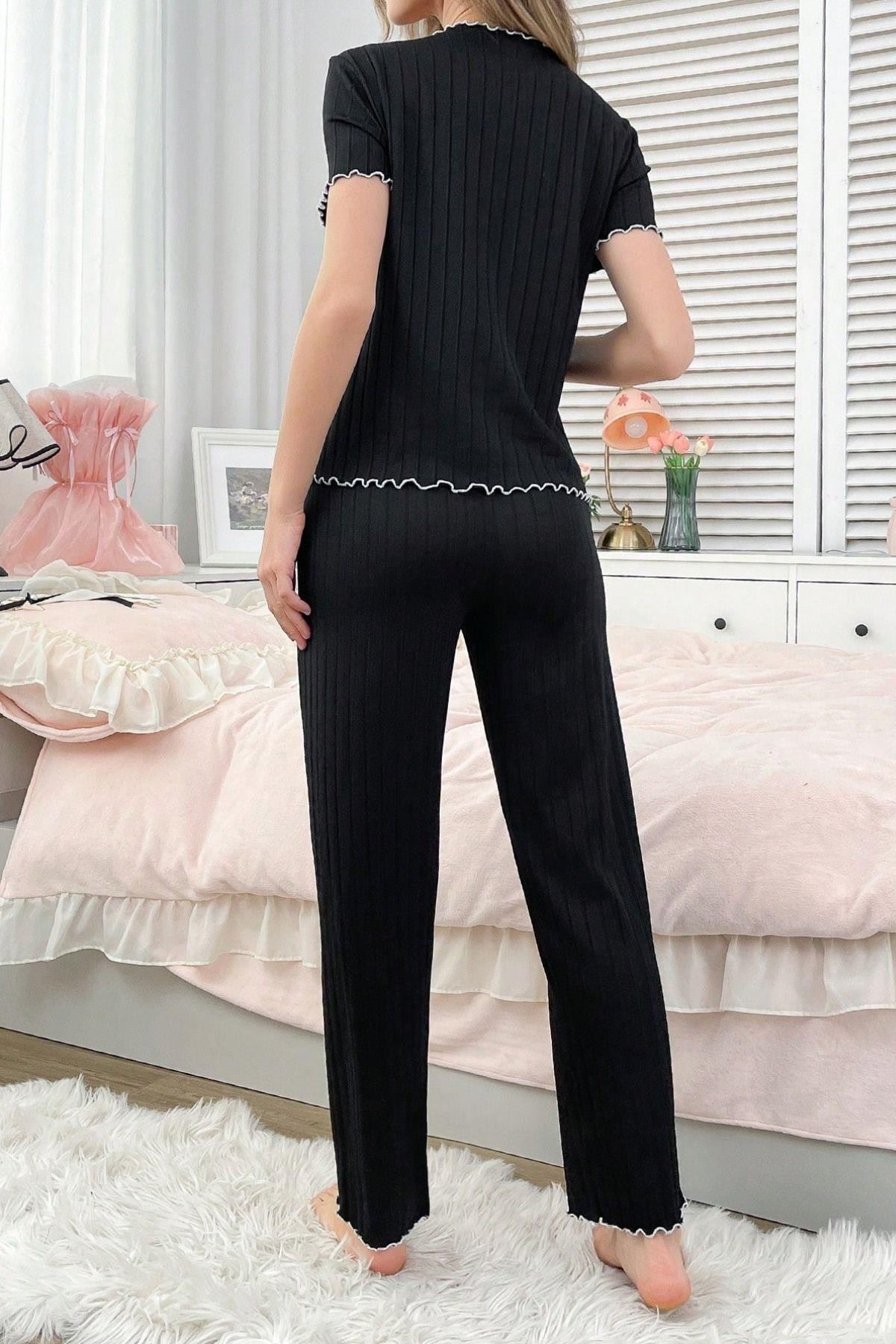 Kısa Kollu Pamuklu Pijama Takımı Siyah