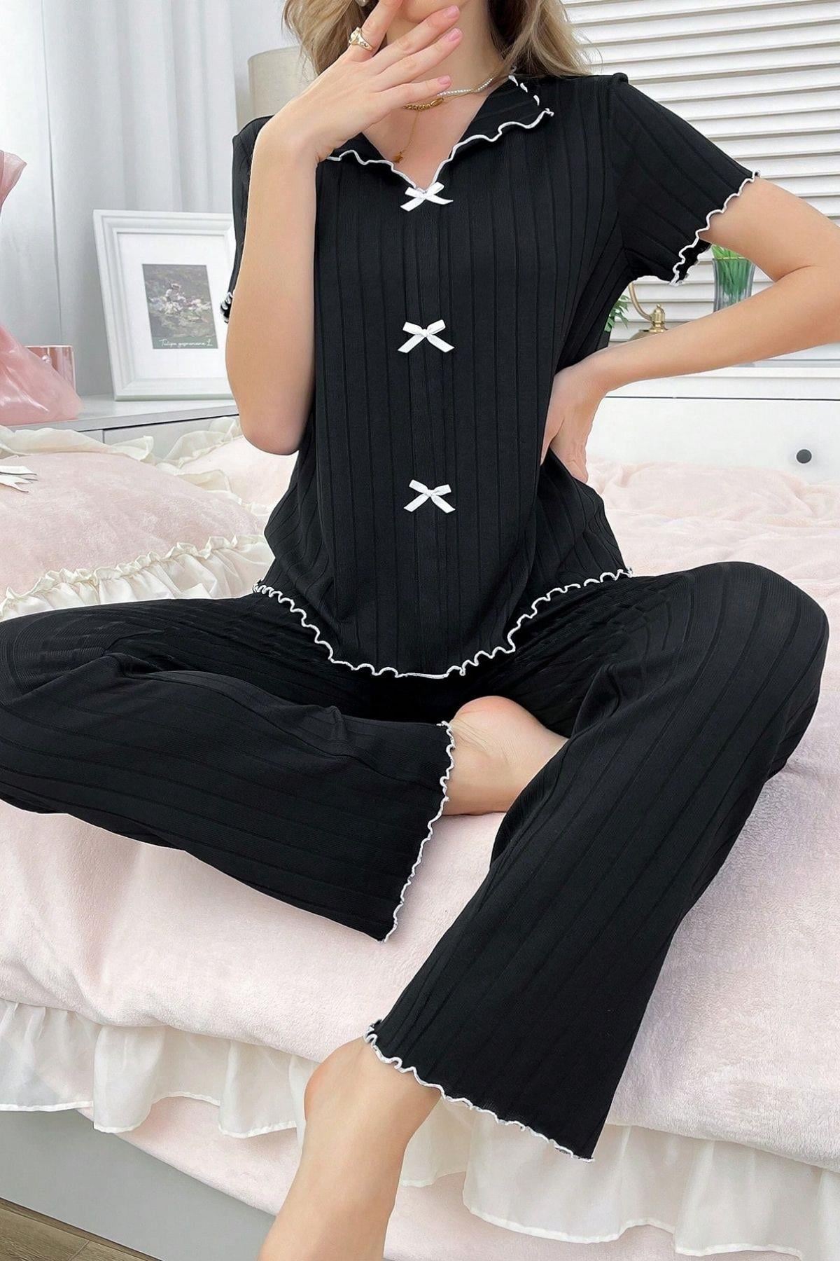 Kısa Kollu Pamuklu Pijama Takımı Siyah