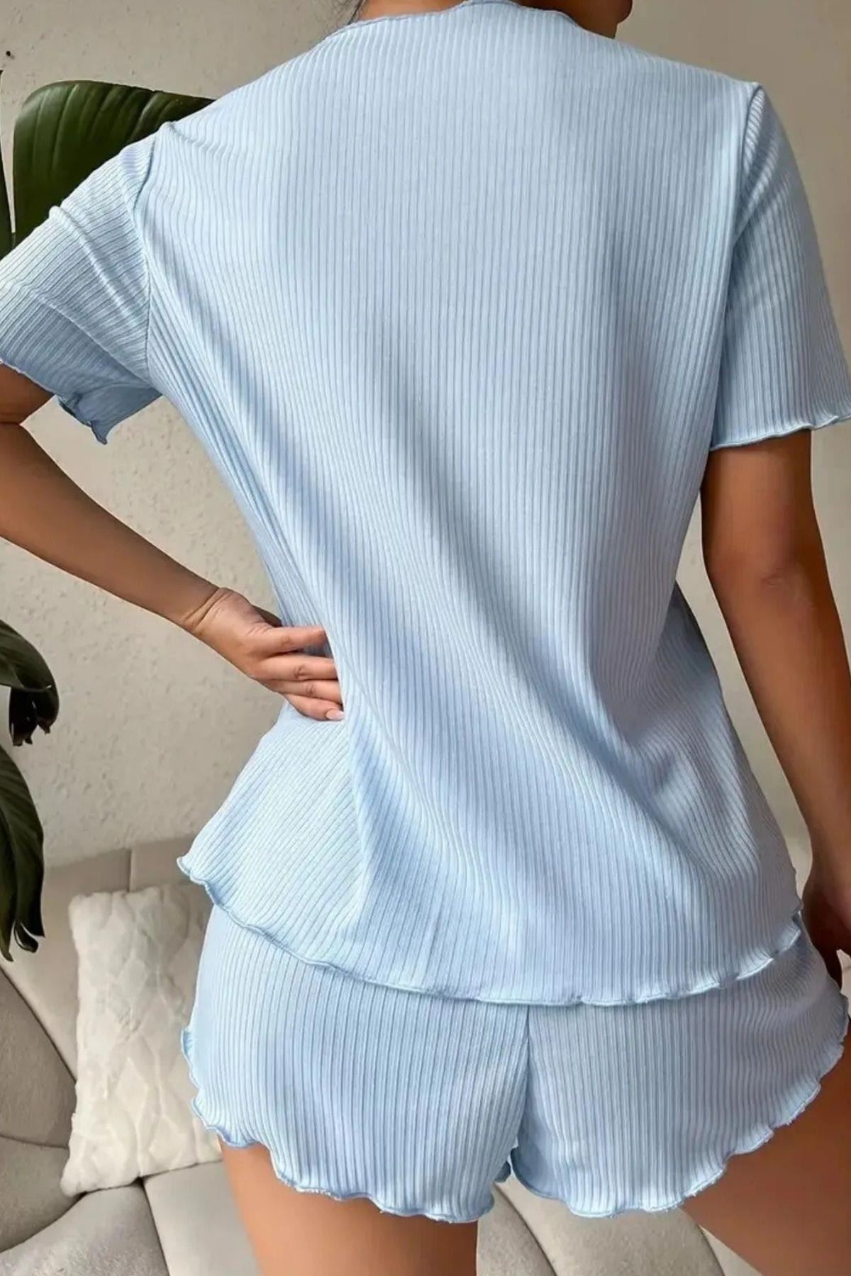V Yaka Fiyonk Detaylı Pijama Takımı Mavi
