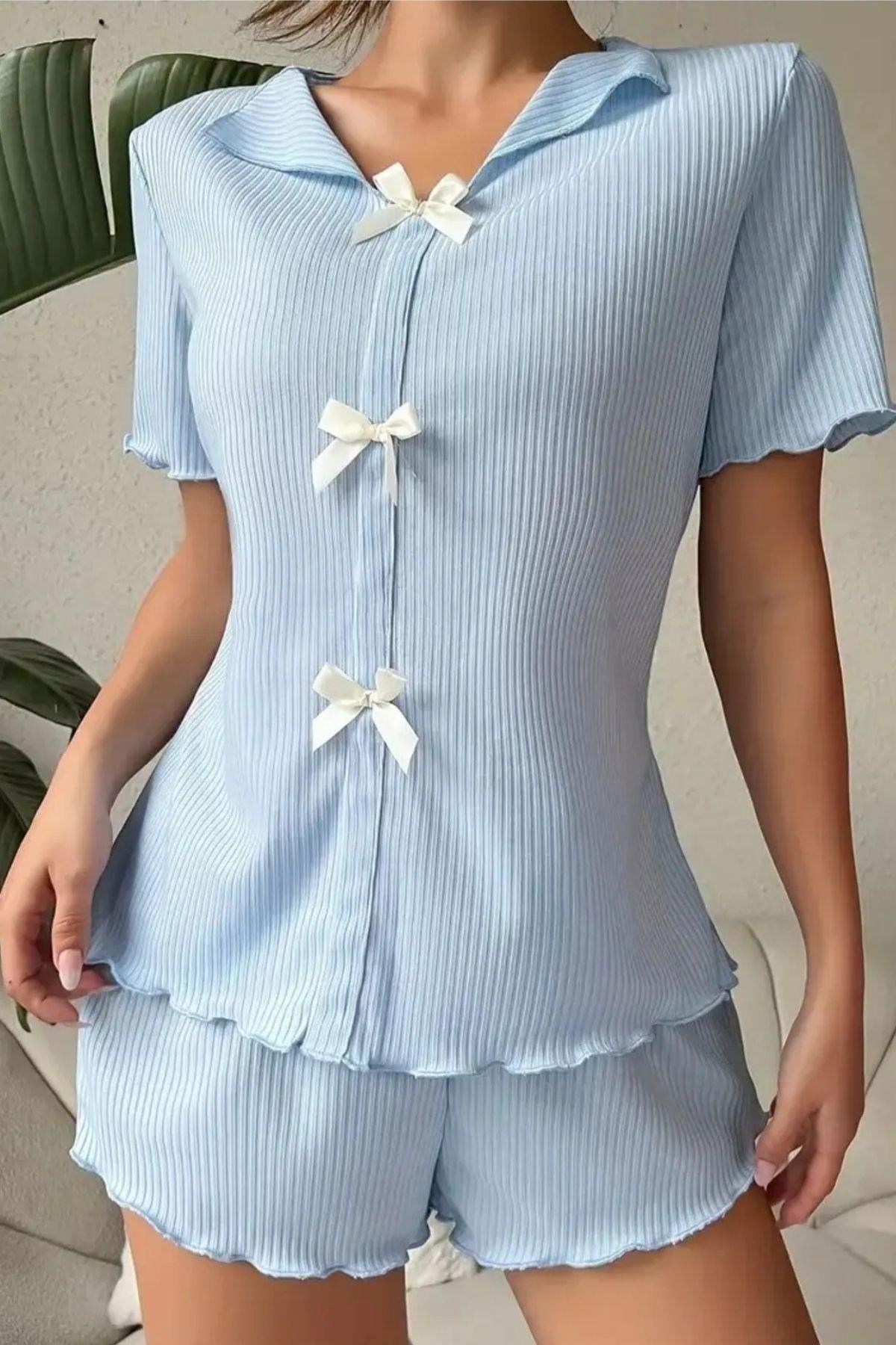 V Yaka Fiyonk Detaylı Pijama Takımı Mavi