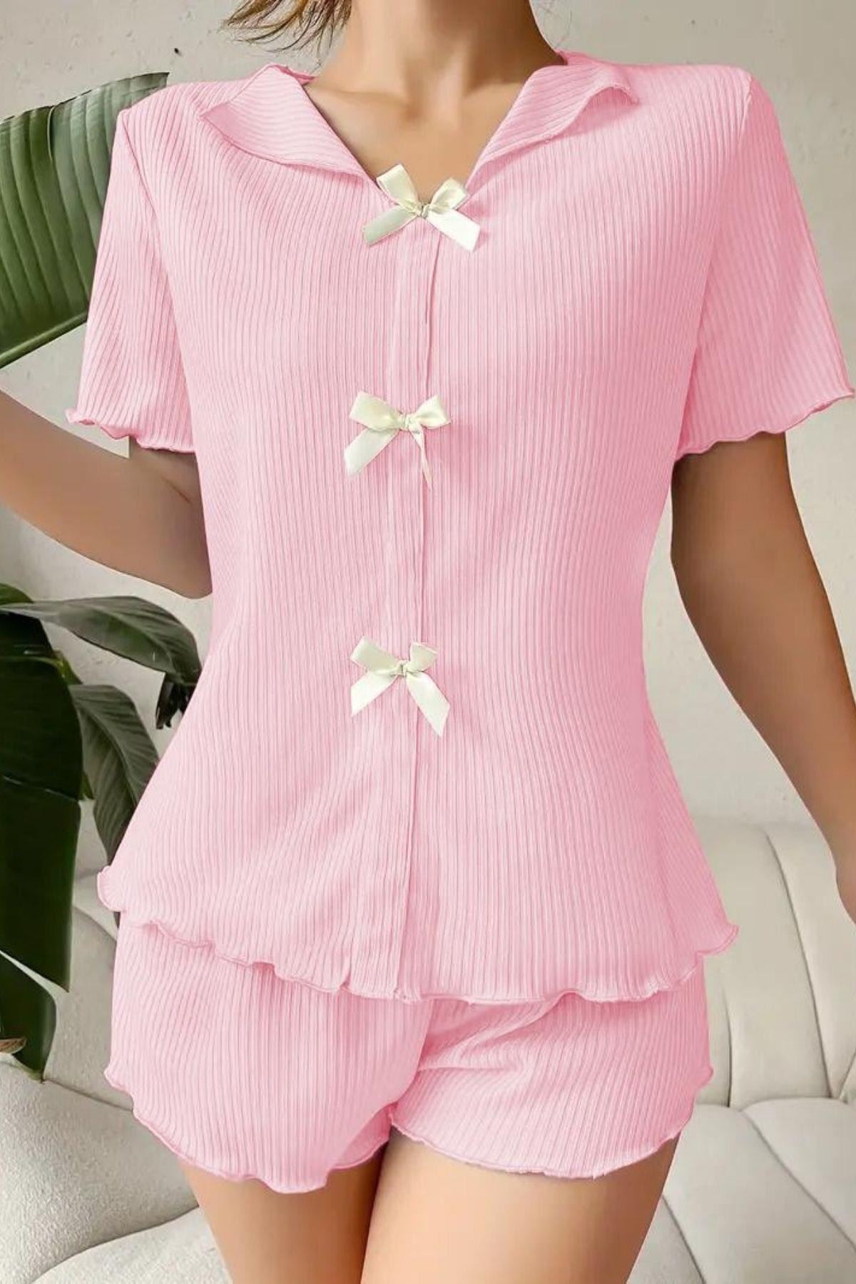 V Yaka Fiyonk Detaylı Pijama Takımı Pembe