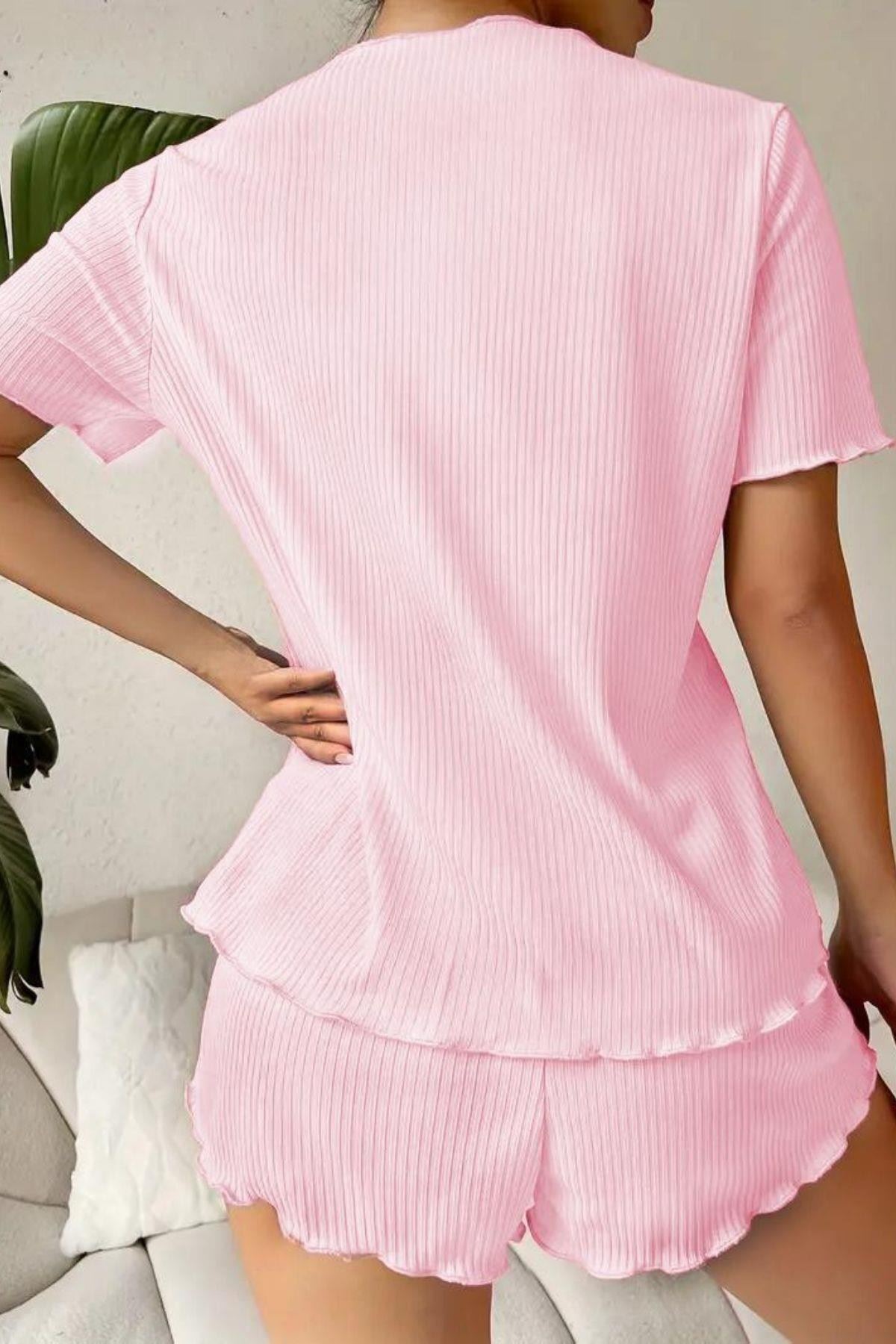 V Yaka Fiyonk Detaylı Pijama Takımı Pembe