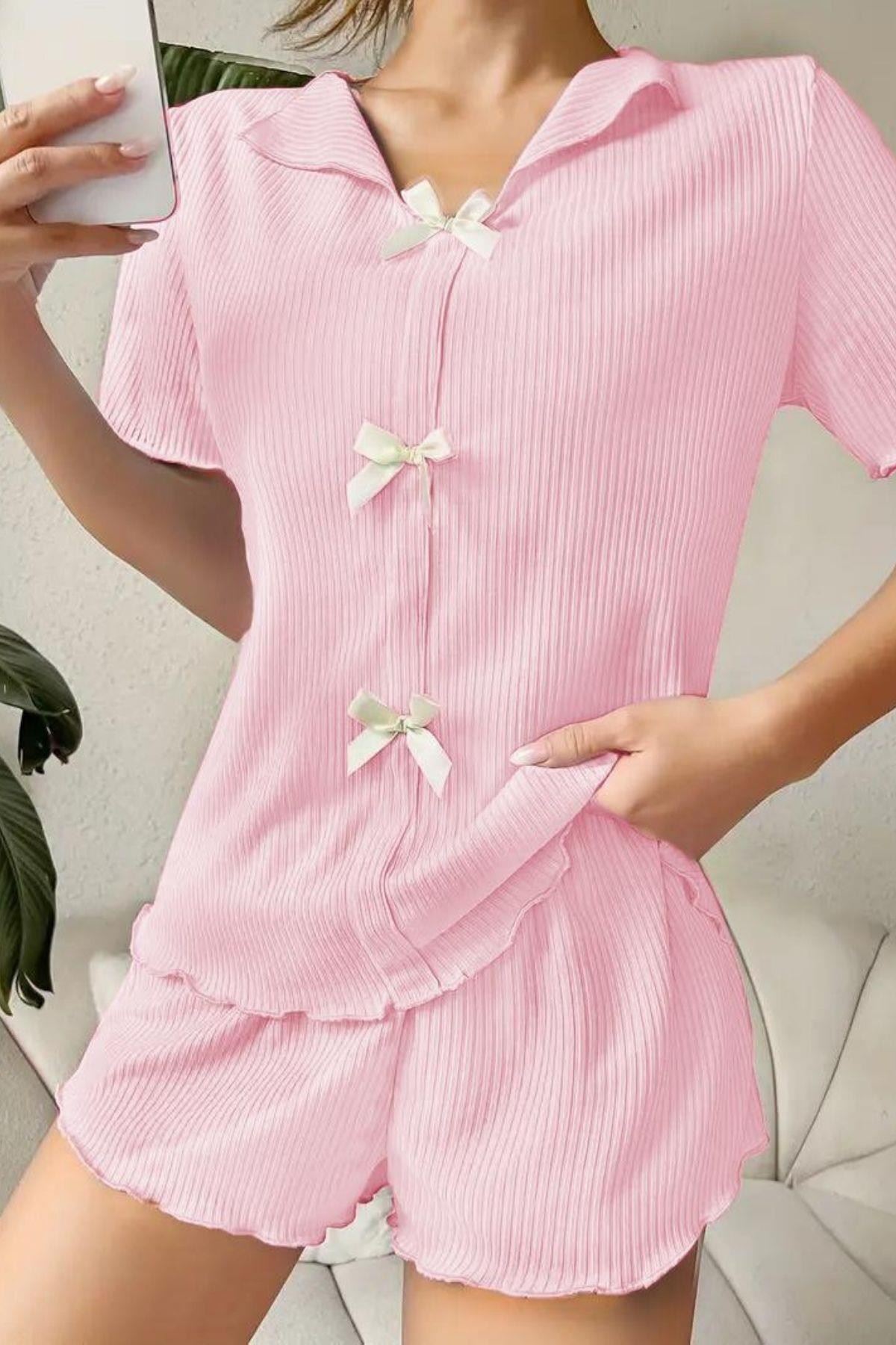 V Yaka Fiyonk Detaylı Pijama Takımı Pembe