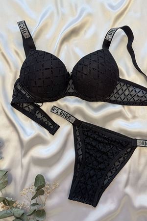 Simli Flok Baskılı Taş Askılı Destekli Sütyen Takım Siyah