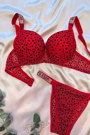 Kalpli Flok Baskılı Taş Askılı Destekli Sütyen Takım Kırmızı