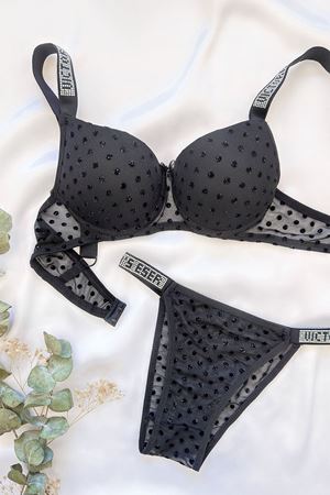 Puantiyeli Taş Askılı Destekli Sütyen Takım Siyah
