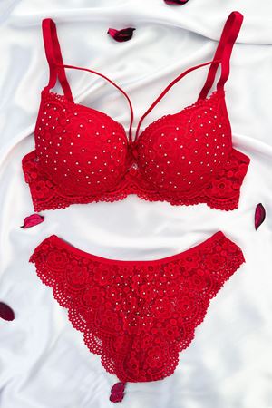 İpli Taş Baskılı Destekli Sütyen Takım Kırmızı