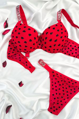 Kalp Baskılı Taş Askılı Destekli Sütyen Takım Kırmızı