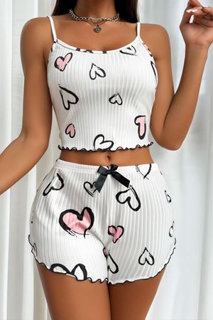 İp Askılı Desenli Kadın Şortlu Takım Ekru