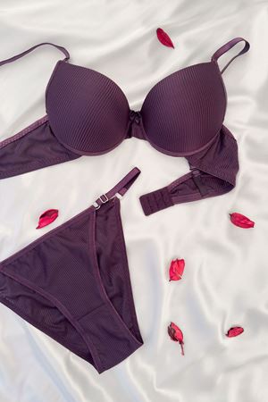 Destekli Çizgili Sütyen Takım Mor