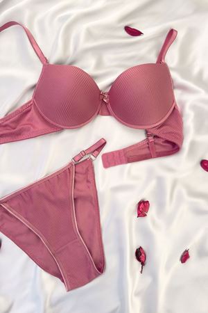 Destekli Çizgili Sütyen Takım Gül Kurusu