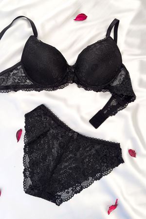 Destekli Dantelli Sütyen Takım Siyah