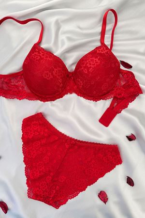 Destekli Dantelli Sütyen Takım Kırmızı
