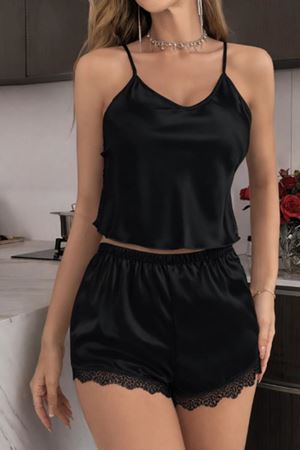 İp Askılı Saten Şortlu Gecelik Takım Siyah