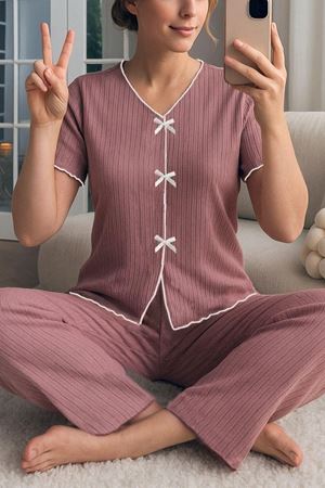 Fiyonklu V Yaka Yazlık Pijama Takımı Gül Kurusu