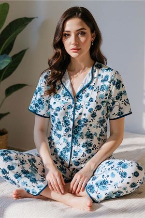 Çiçekli Düğme Detaylı Yazlık Pijama Takımı Mavi
