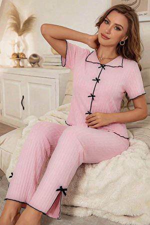 Pamuklu Fiyonk Detaylı Kısa Kollu Pijama Takım Pembe