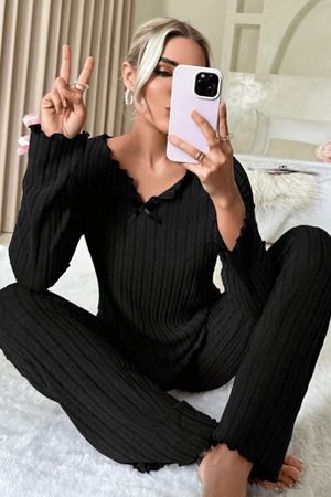 Mevsimlik Pamuklu Pijama Takımı Siyah