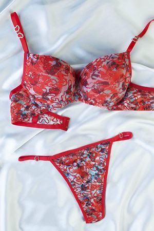 Desenli Destekli Sütyen Takım Kırmızı
