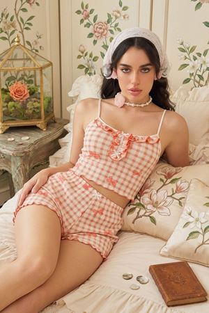 Ekose Fiyonk Desenli Crop Şort Takım Pembe