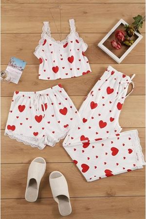 Kalp Desenli 3'lü Pijama Takımı Beyaz