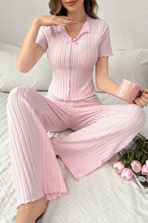 Fiyonk Detaylı Kısa Kollu Pijama Takımı Pembe