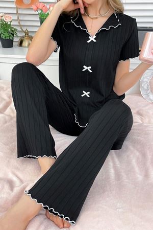 Kısa Kollu Pamuklu Pijama Takımı Siyah