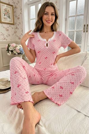 Baskılı V Yaka Yazlık Pijama Takım Pembe