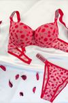 Desenli Taş Askılı Destekli Sütyen Takım Kırmızı
