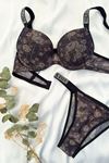 Gül Desenli Taş Askılı Destekli Sütyen Takım Siyah