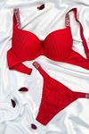 Fitilli Dokulu Taş Askılı Destekli Sütyen Takımı Kırmızı