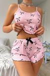 İp Askılı Desenli Kadın Şortlu Takım Pembe