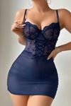 Göğüs Dantelli Seksi Gecelik Lacivert